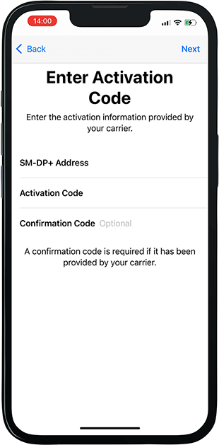eSIM activation code on iPhone