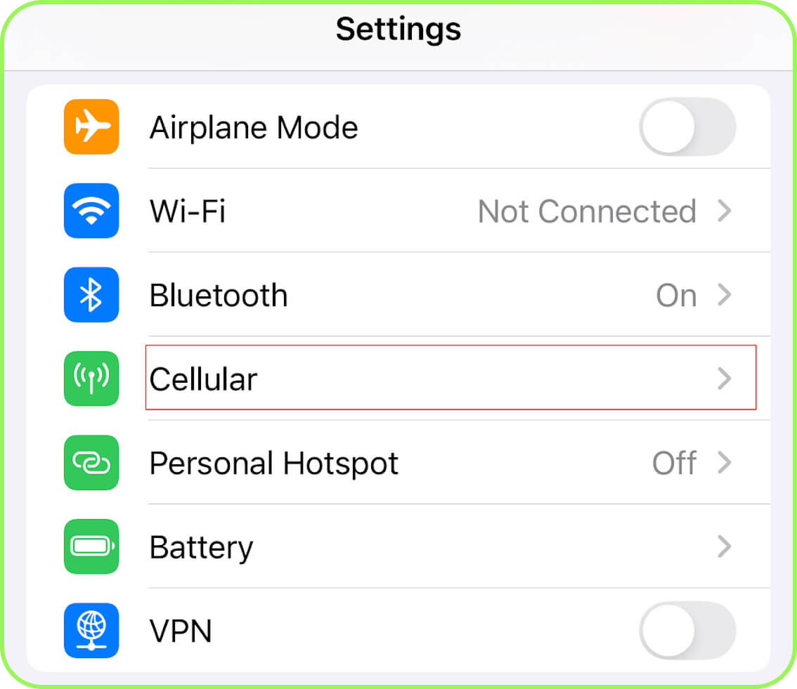 screenshot of settings with cellular or mobile data option