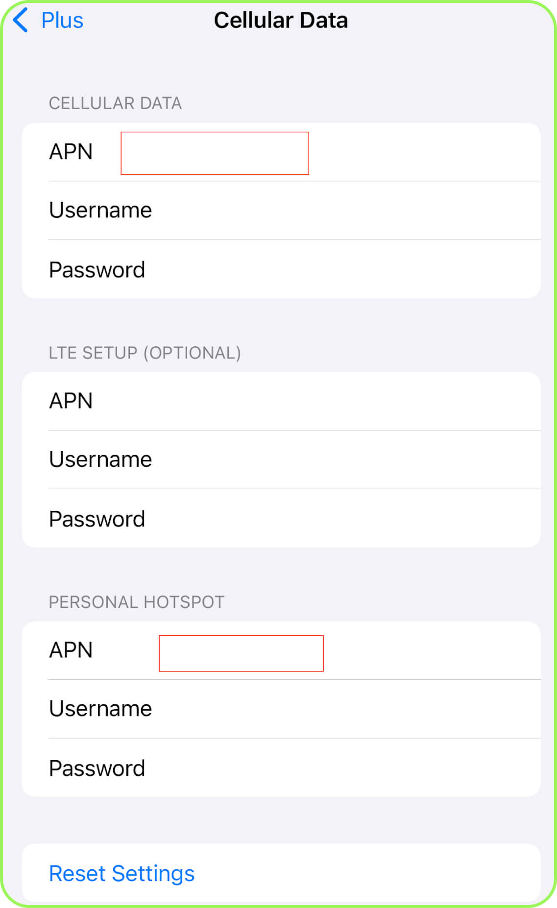 screenshot of the cellular data settings with apn field set to esim.data for primasim