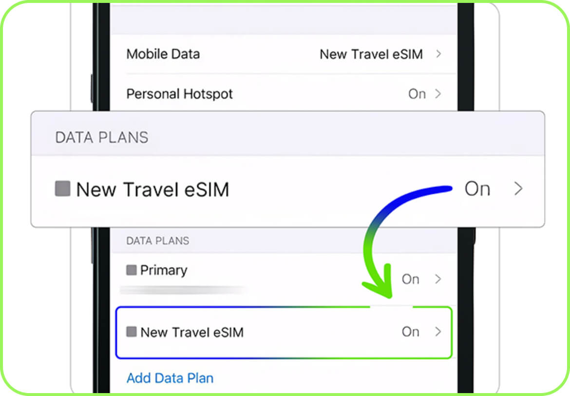 select your travel esim plan in the list and switch on turn on this line