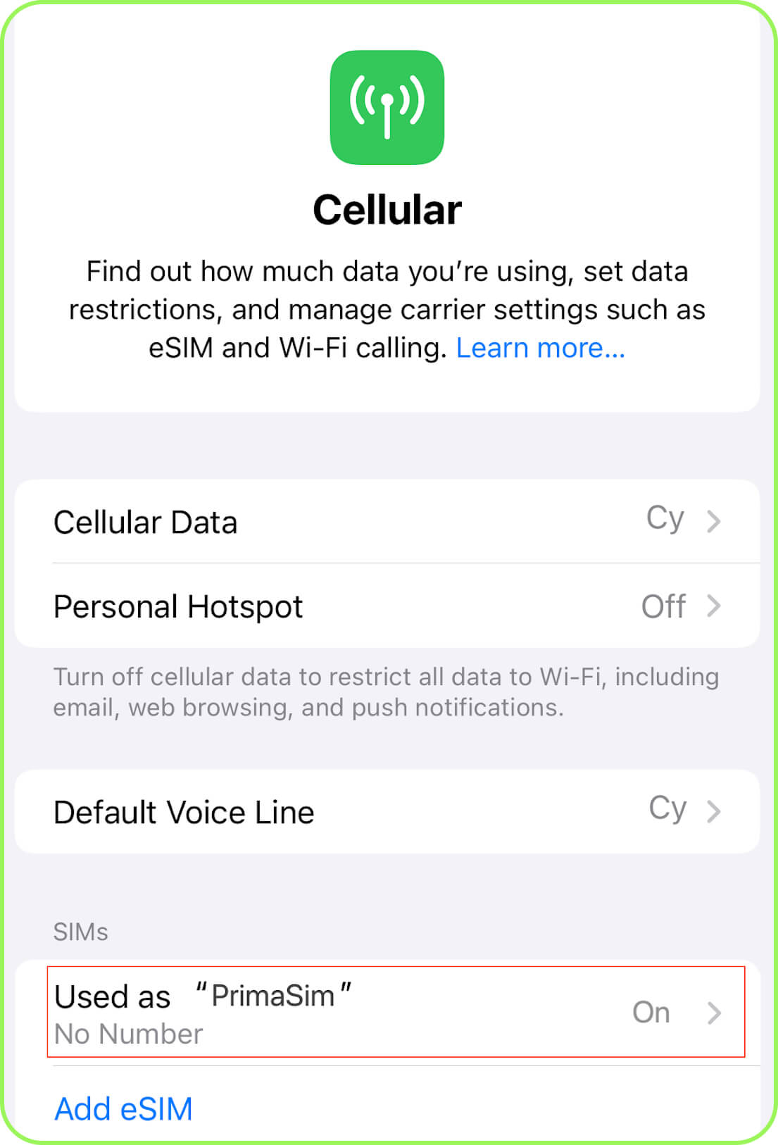 tap on primasim sim travel esim